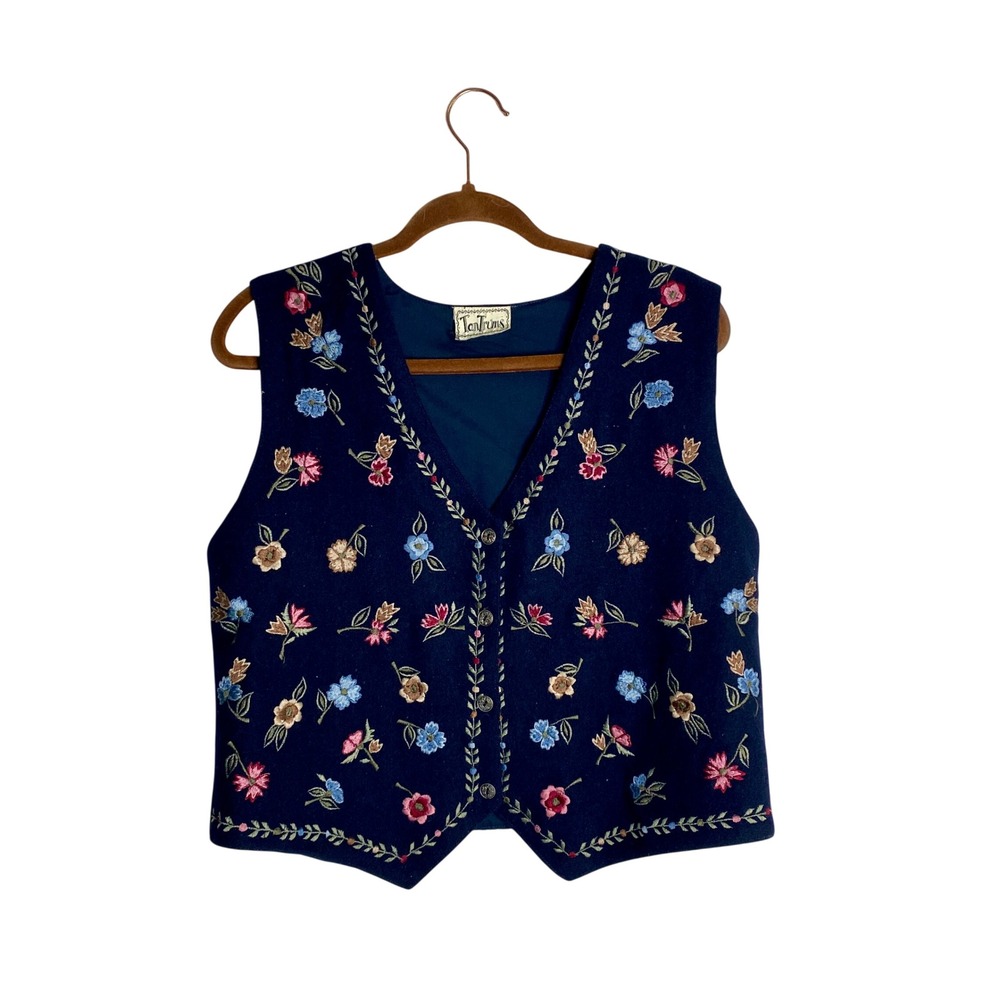 Vintage TanTrums Embroidered Floral Wool Vest Cottagecore Dark Academia 90s